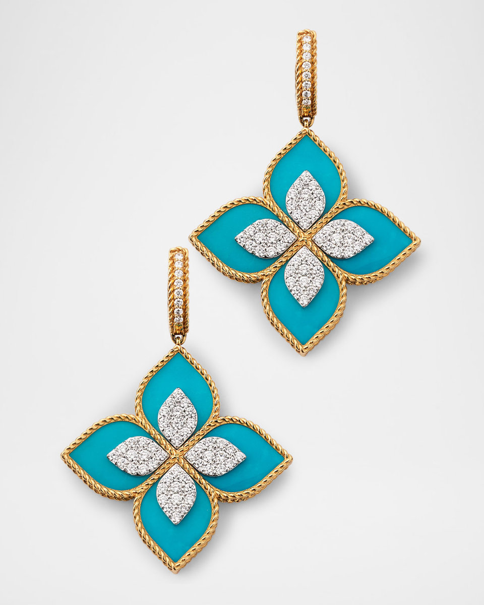 18K Gold Venetian Princess Diamond and Turquoise Earrings